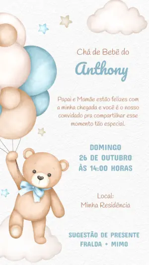 Convite Chá de Bebê Ursinho Baloeiro para Editar Online