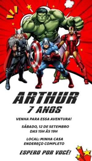 Convite de Aniversário Super Heróis Marvel Modelo Editável