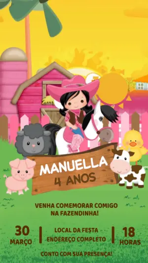 Convite Animado Aniversário Fazendinha Rosa para Editar