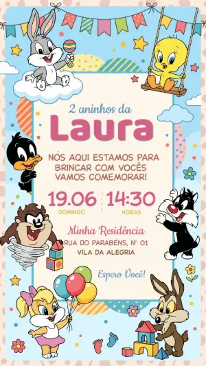 Convite de Aniversário Baby Looney Tunes Colorido para Editar