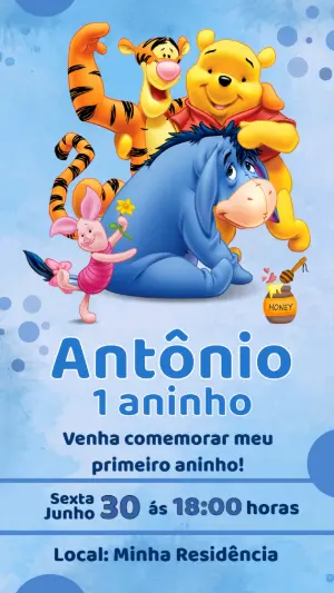 Convite de Aniversário Ursinho Pooh Colorido para Editar
