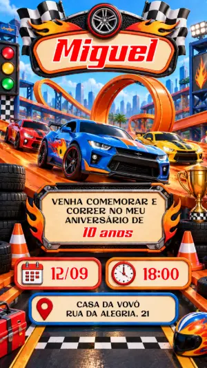 Convite de Aniversário Hot Wheels Editável: Pista de Corrida