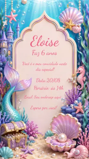 Convite Aniversário Sereia Fundo do Mar Modelo Editável
