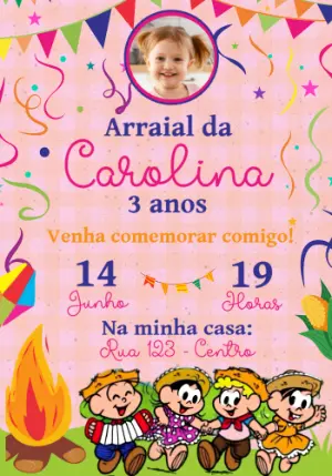 Convite de Aniversário Arraial Turma da Mônica com Foto Editável