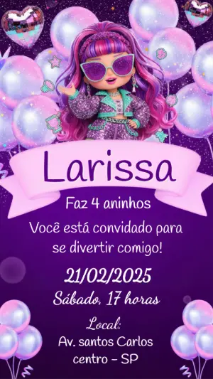 Convite de Aniversário Boneca Pop Star Roxo Editável
