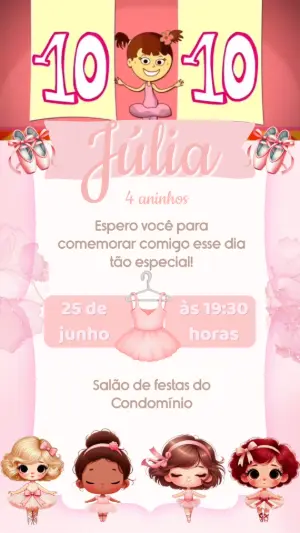 Convite Animado Aniversário Bailarina para Editar Online