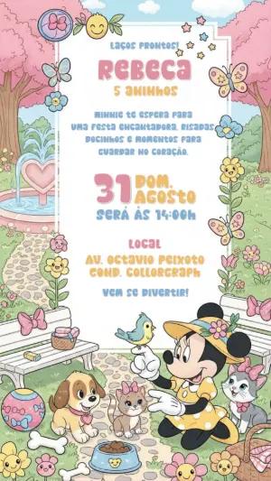 Convite de Aniversário Minnie e Pets para Editar Online