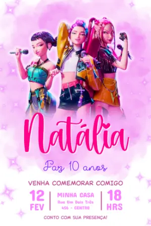 Convite de Aniversário Guerreiras do K-pop para Editar