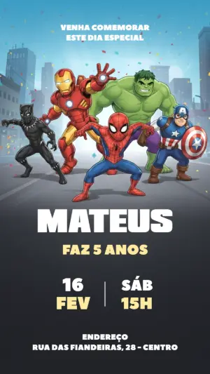 Convite de Aniversário Super-Heróis Vingadores Modelo Editável