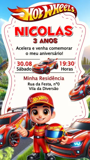 Convite de Aniversário Hot Wheels Digital para Editar e Enviar