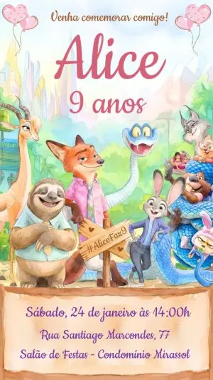 Convite de Aniversário Zootopia Colorido para Editar
