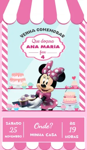 Convite Animado Minnie Confeitaria Rosa para Editar e Enviar
