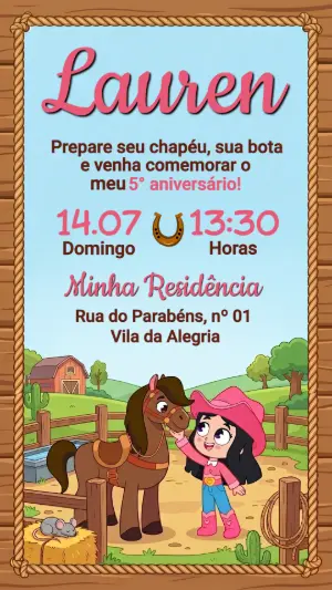 Convite de Aniversário Cowgirl Fazendinha para Editar