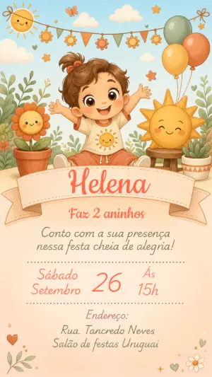 Convite Editável Aniversário Menina Tema Raio de Sol Boho
