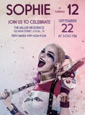 Harley Quinn Style Birthday Invitation - Editable Digital Template