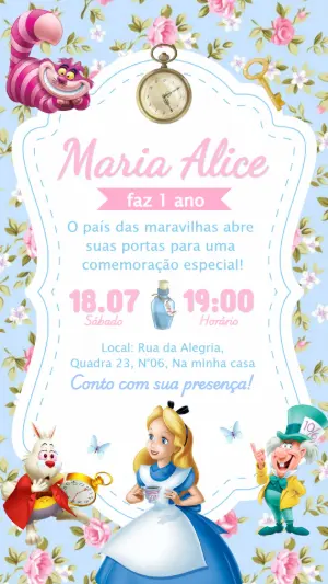 Convite de Aniversário Alice no País das Maravilhas Editável