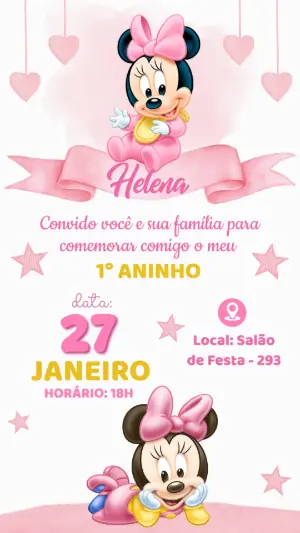 Convite de Aniversário Minnie Baby Rosa para Editar Online