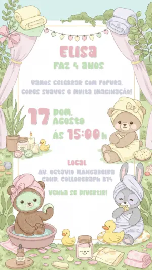 Convite Aniversário Spa com Animais Fofos para Editar Online