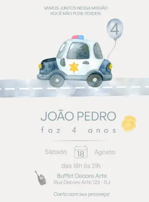 Convite Aniversário Carro de Polícia para Editar Online