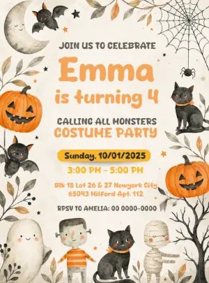 Cute Halloween Birthday Invitation Editable Template