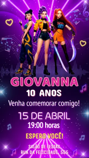 Convite Aniversário Guerreiras K Pop para Editar Online