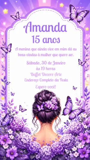 Convite 15 Anos Lilás com Borboletas para Editar
