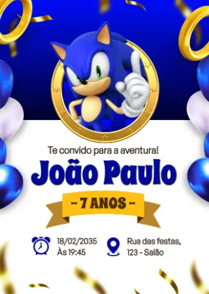 Convite de Aniversário Sonic Azul para Editar e Enviar