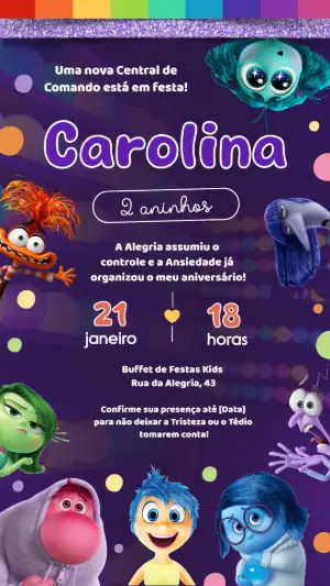 Convite Digital Aniversário Infantil Divertida Mente Editável