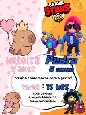 Convite Aniversário Duplo Capivara e Brawl Stars para Editar