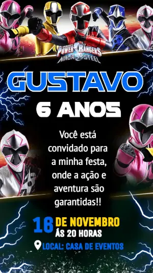 Convite de Aniversário Power Rangers Ninja Steel Editável