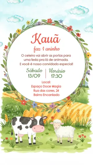 Convite Aniversário Fazendinha com Animais para Editar Online