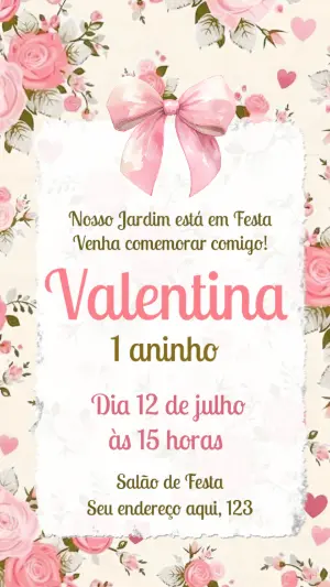 Convite de Aniversário Jardim Floral com Laço Rosa Editável