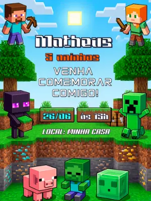 Convite de Aniversário Minecraft: Modelo Digital Editável