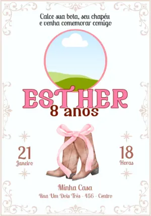 Convite de Aniversário Cowgirl Rosa Delicado para Editar