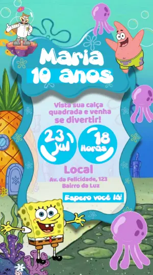 Convite de Aniversário Bob Esponja Divertido para Editar