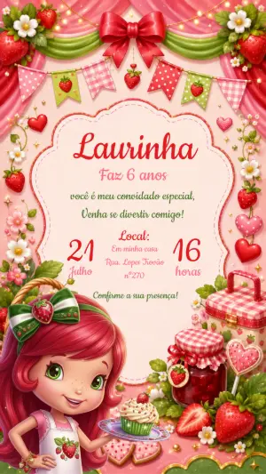 Convite Aniversário Moranguinho Fofo para Editar Online