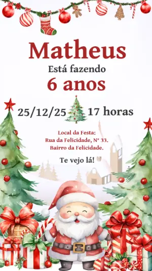 Convite de Aniversário Natalino com Papai Noel para Editar