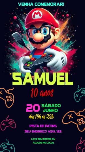 Convite de Aniversário Gamer Estilo Mario Neon para Editar