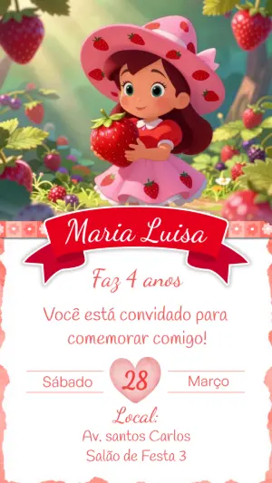 Convite Digital Aniversário Moranguinho Ilustrado Editável