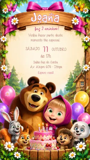 Convite de Aniversário Masha e o Urso Editável Online