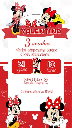 Convite de Aniversário Minnie Vermelha Modelo Digital Editável