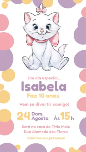 Convite Digital Aniversário Infantil Gatinha Marie para Editar
