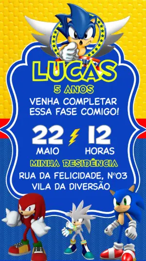 Convite de Aniversário Sonic The Hedgehog Editável para Menino