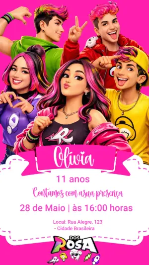 Convite Digital Aniversário Tema Dos Rosa Vibrante Editável