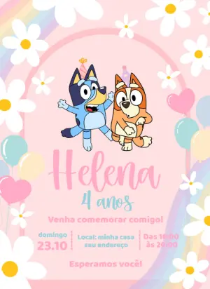 Convite Aniversário Bluey e Bingo Menina para Editar Online
