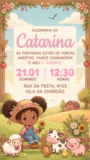 Convite de Aniversário Fazendinha Menina Editável