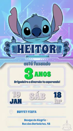 Convite de Aniversário Stitch Gamer Neon para Editar
