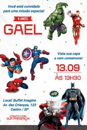 Convite de Aniversário Super Heróis para Editar Online