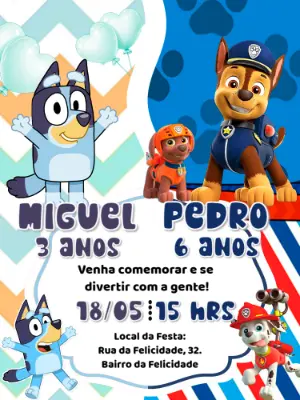 Convite Aniversário Duplo Bluey e Patrulha Canina para Editar