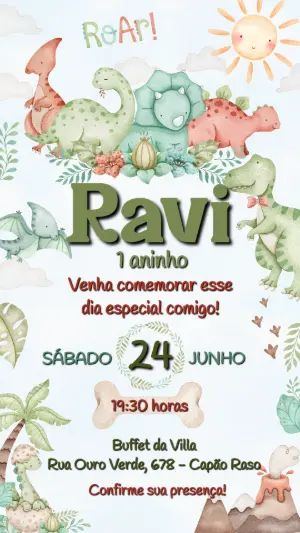 Convite Aniversário Dinossauro Aquarela para Editar Online